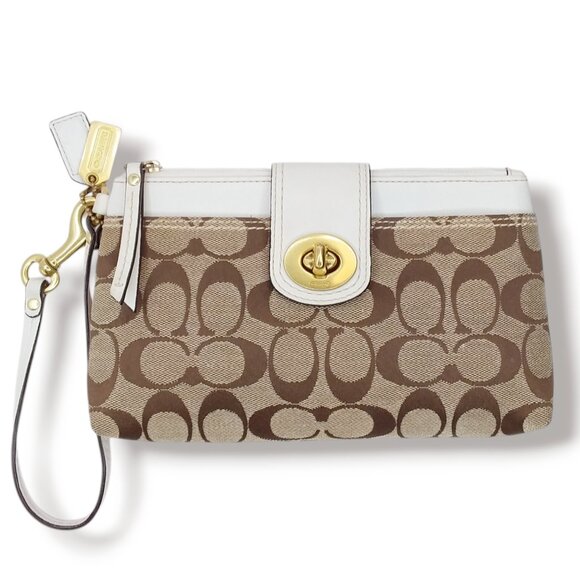 Coach Wristlet Signature Canvas Logo Brass Turnlock Beige Brown White Leather - Picture 1 of 10